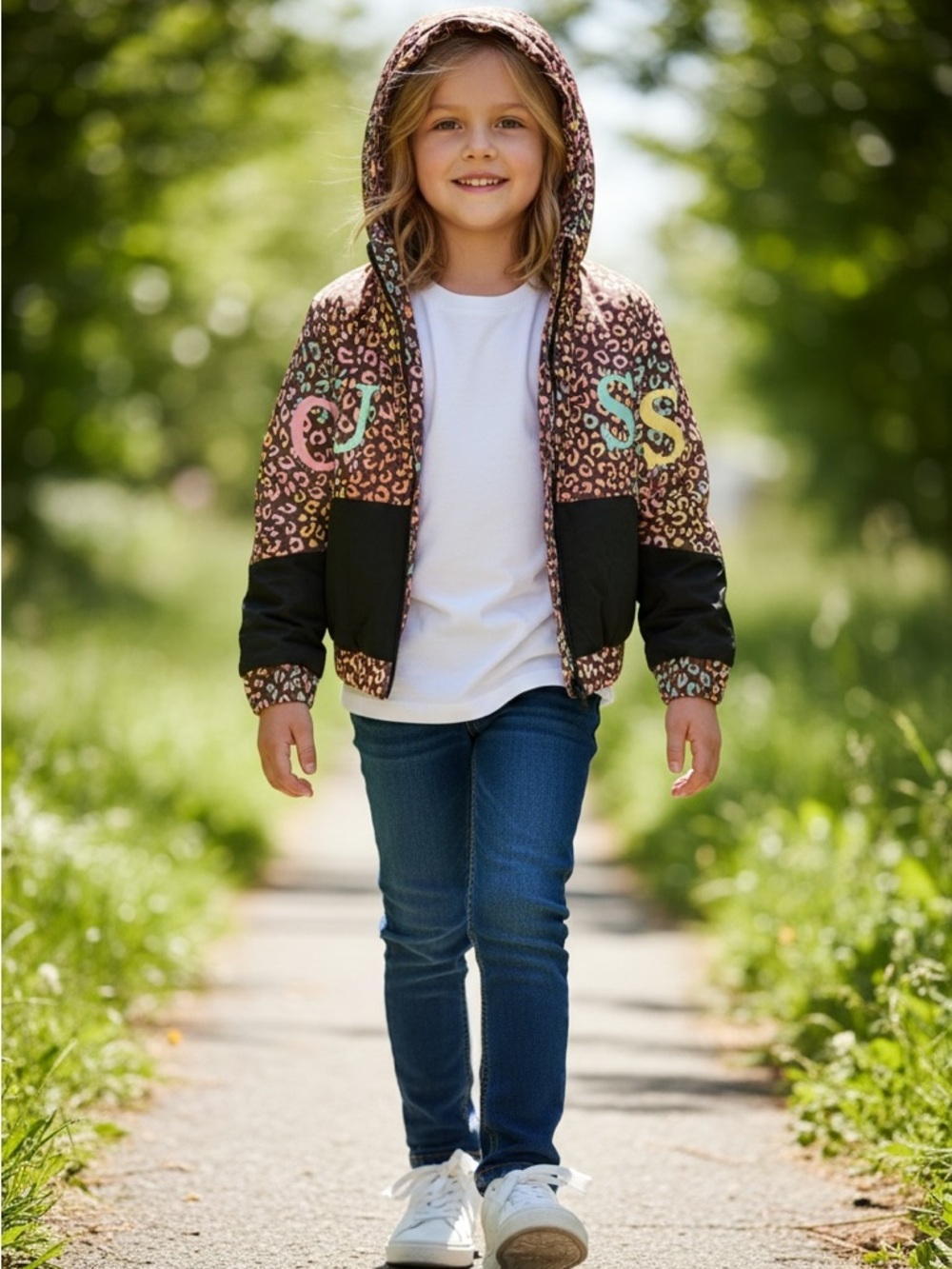 Guess Kids Hooded Pullover in Multicolor Leopard Print with Black Panel